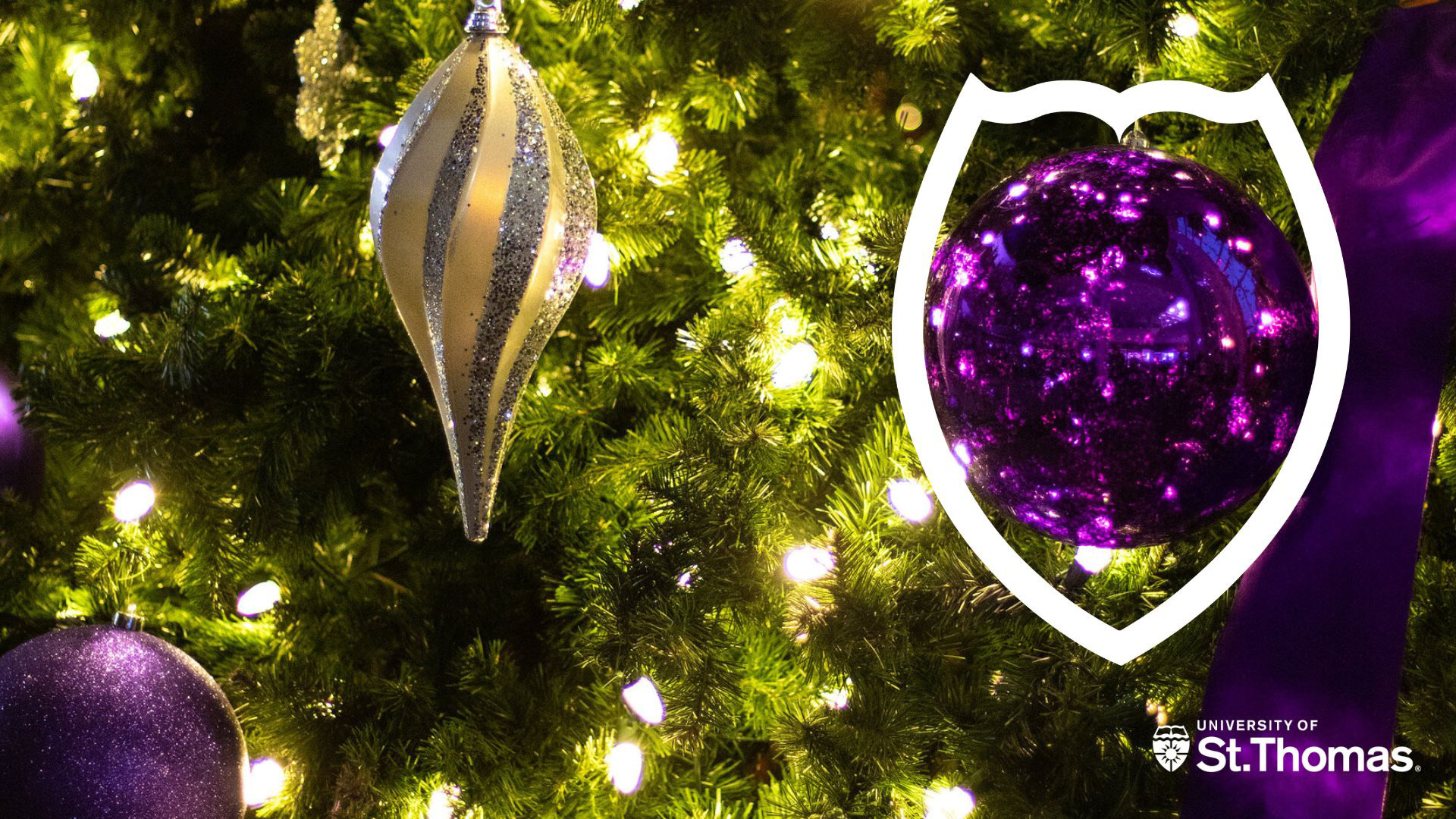 Purple and gold ornaments on a Christmas tree