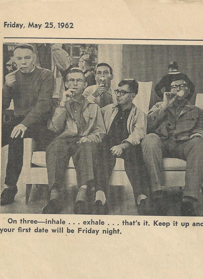 May 25, 1962 - Smoker in the 3rd floor of Murray Hall. Bob Gaylord, Duane Crosland, Jim Gmeinder, John Wilzbacher and Jerry Cromer. Picture appeared in the College newspaper.