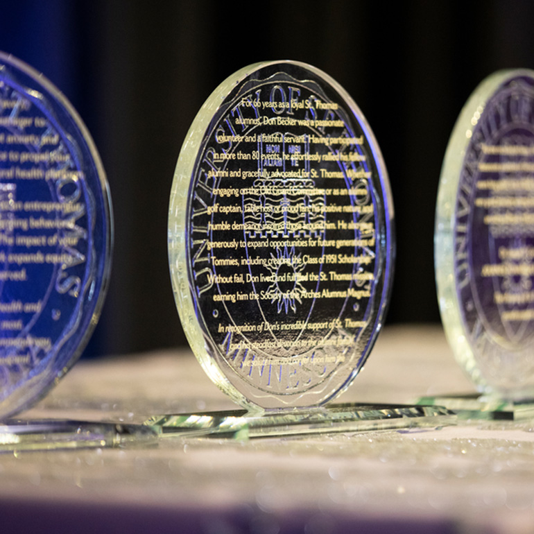 Photo of the past glass awards given to St. Thomas Day awardees