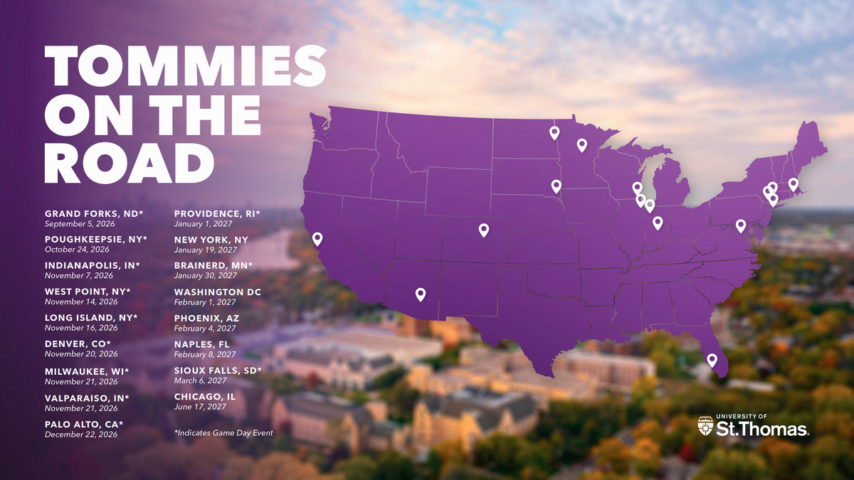 An outline of the United States with pointers where the Tommies on the Road events will be in the 2026-27 season