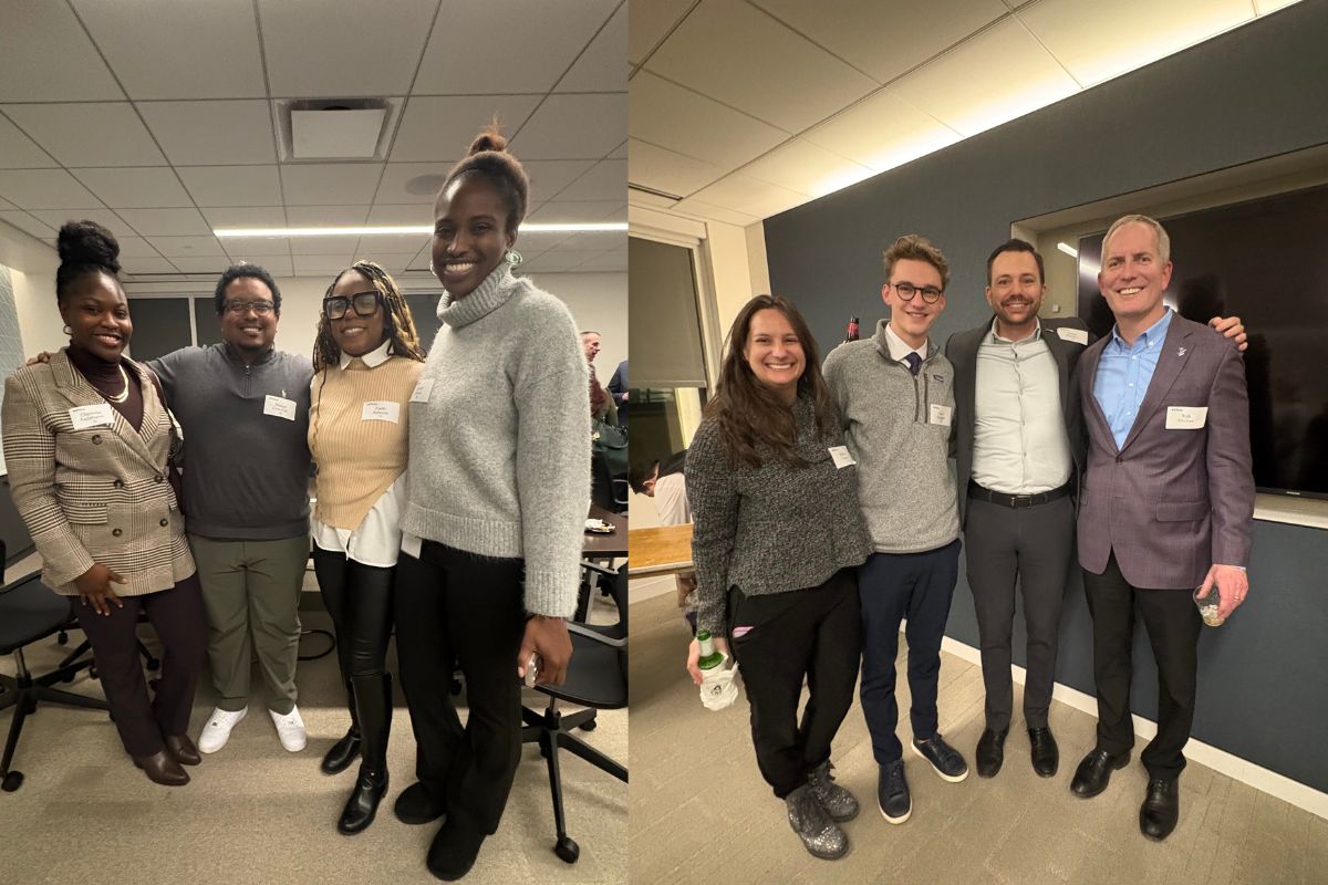 Two group photos with four smiling people in each