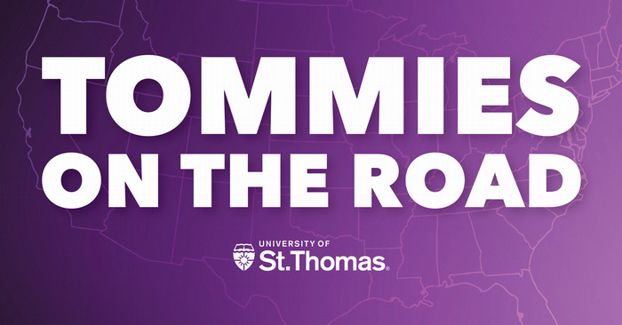 Tommies on the Road, overlayed an outline of the United States covered in purple