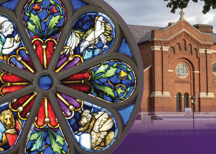 A view of the Chapel of St. Thomas Aquinas from the outside with a beautiful and colorful stained glass overlayed