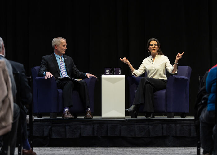 A wide-ranging conversation with Rob Vischer and Rabbi Sharon Brous on the power of connection and community in a fractured society, and on the imperative of coming together in celebration, sorrow, as she writes in “The Amen Effect,” and solidarity across multiple faiths and wisdom traditions, happens during the Finding Forward speaker series in Woulfe Alumni Hall on March 17, 2025, in St. Paul.