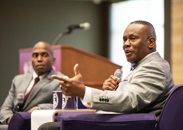 Reverend Tony Lowden in conversation with Dr. Yohuru Williams, Director of the Racial Justice Initiative, at a Finding Forward event
