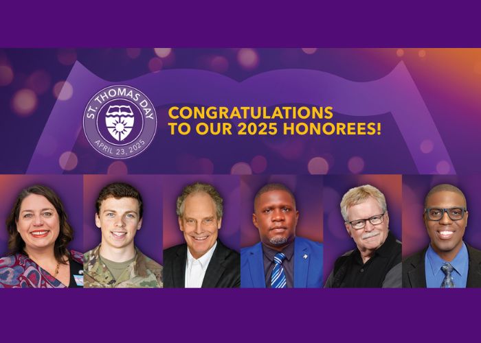 Six 2025 honoree headshots with the St. Thomas Day logo and Congratulations to our 2025 honorees.