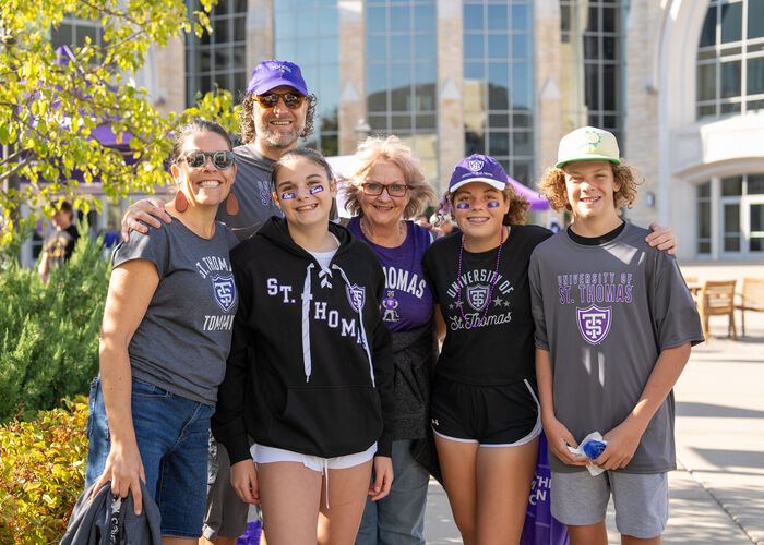 A family poses together during Family Weekend. 