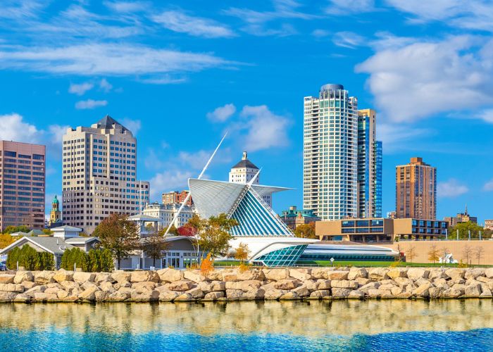 The Milwaukee skyline on a sunny day viewed from Lake Michigan
