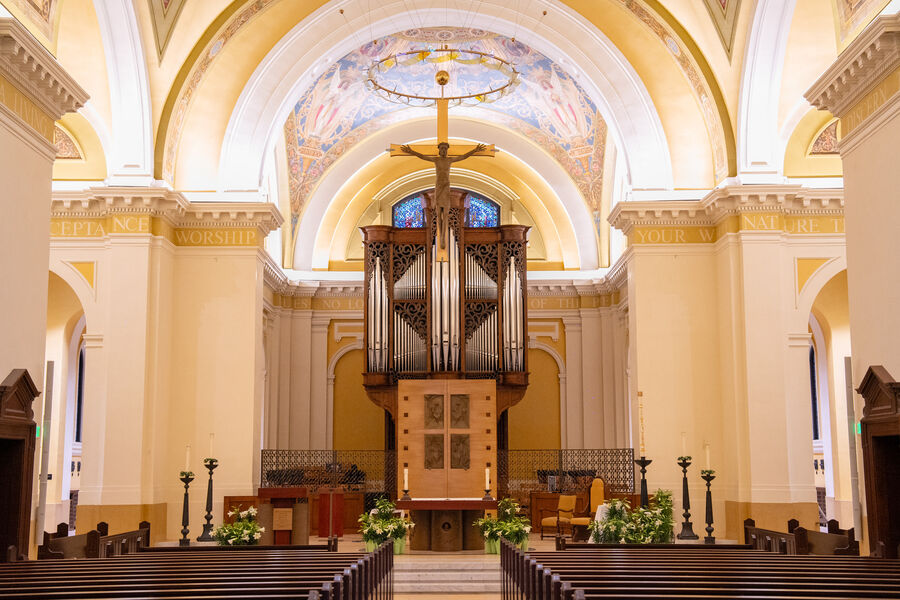 The Chapel of St. Thomas Aquinas decorated for Easter with flowers. 