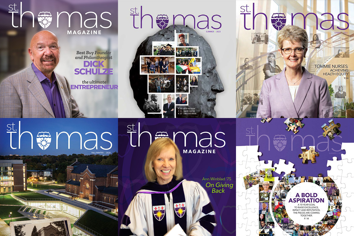 Collage of six St. Thomas magazine covers