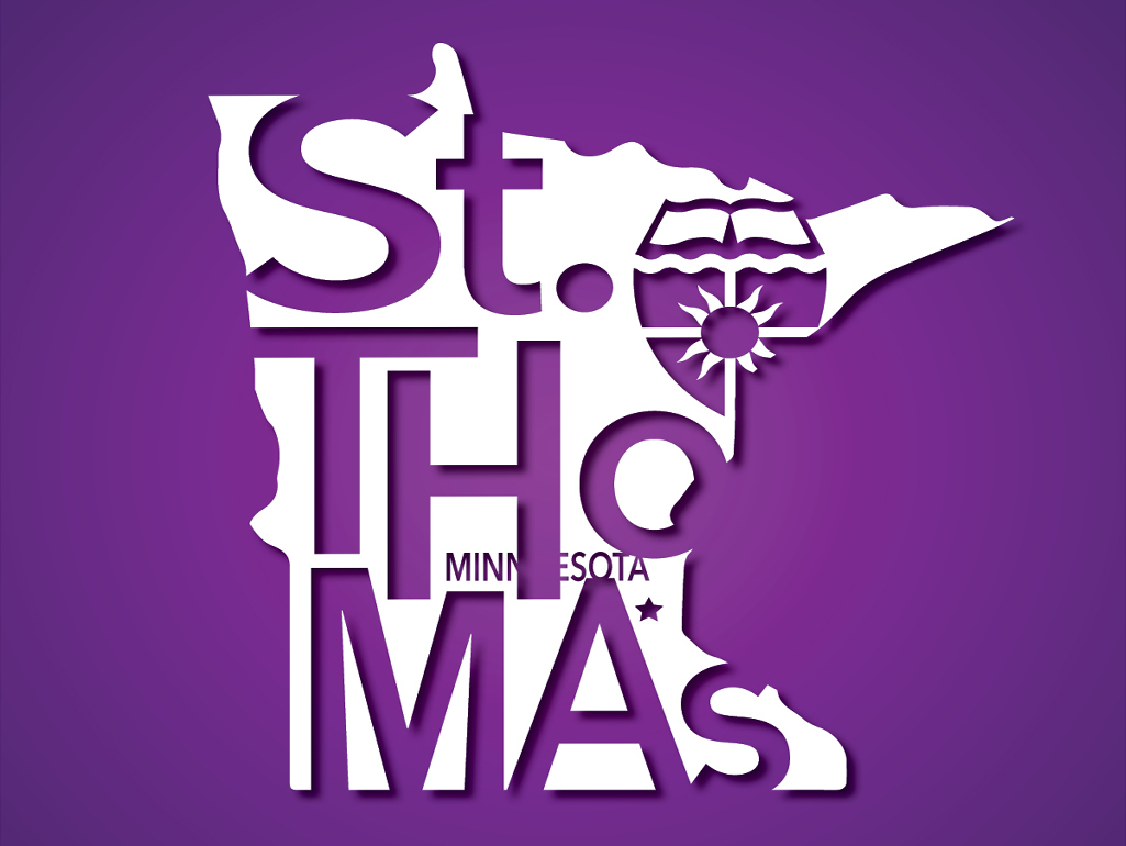 Image of the state of Minnesota with the St. Thomas name spelled out from top to bottom